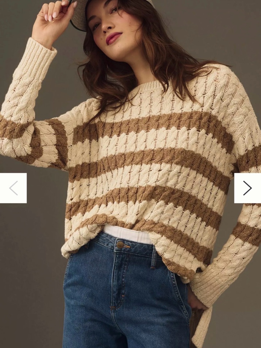 Pilcro Longline Stitch Sweater Cream & Brown Striped Cable-Knit Crewneck Sweater